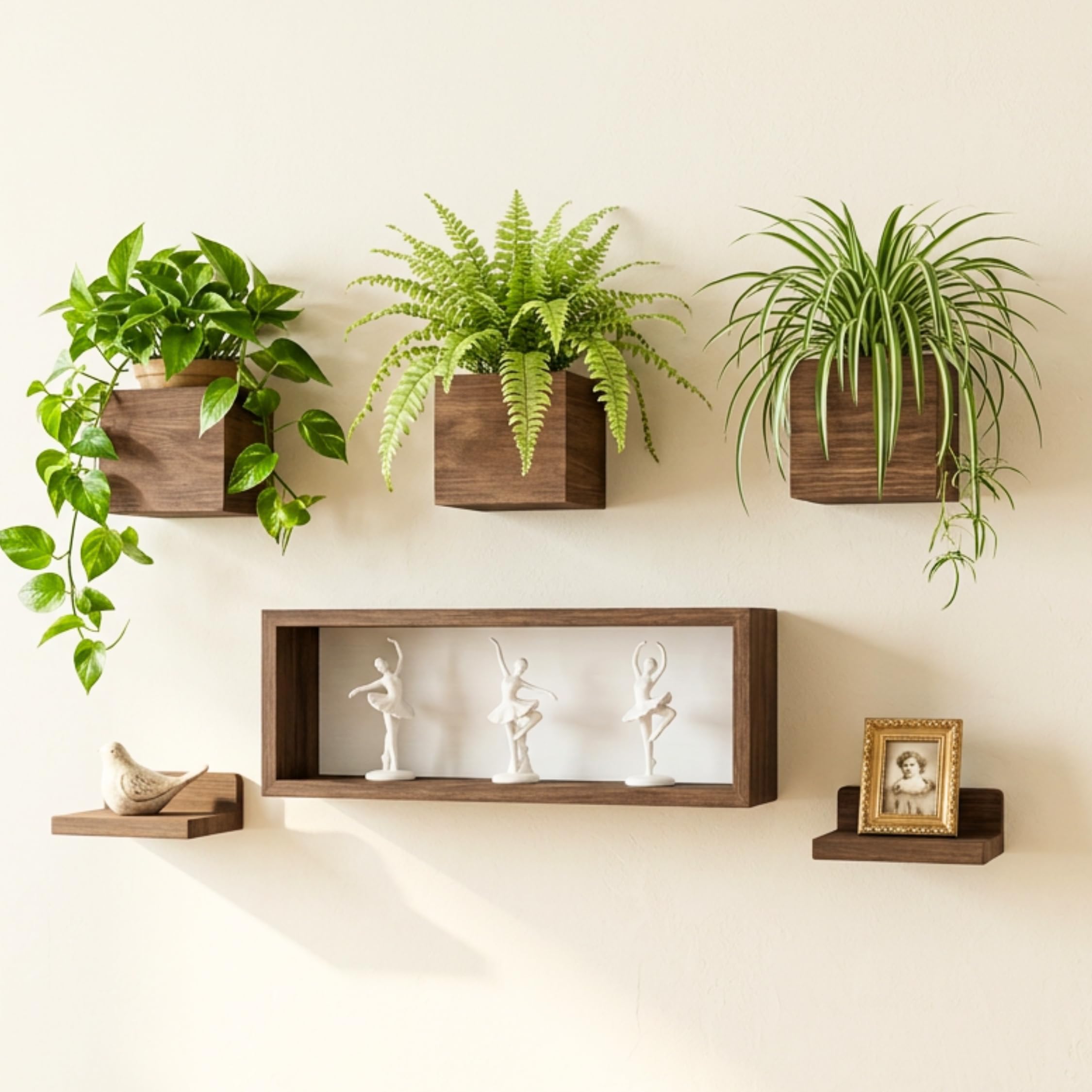 LaLaGreen Wooden Floating Shelves (13-Piece Set) Wall Mounted Plant Shelf, Planter Boxes for Indoor Plants, Decorative Wood Display Shadow Box Kitchen, Bathroom, Bedroom, Living Room, and Home Decor