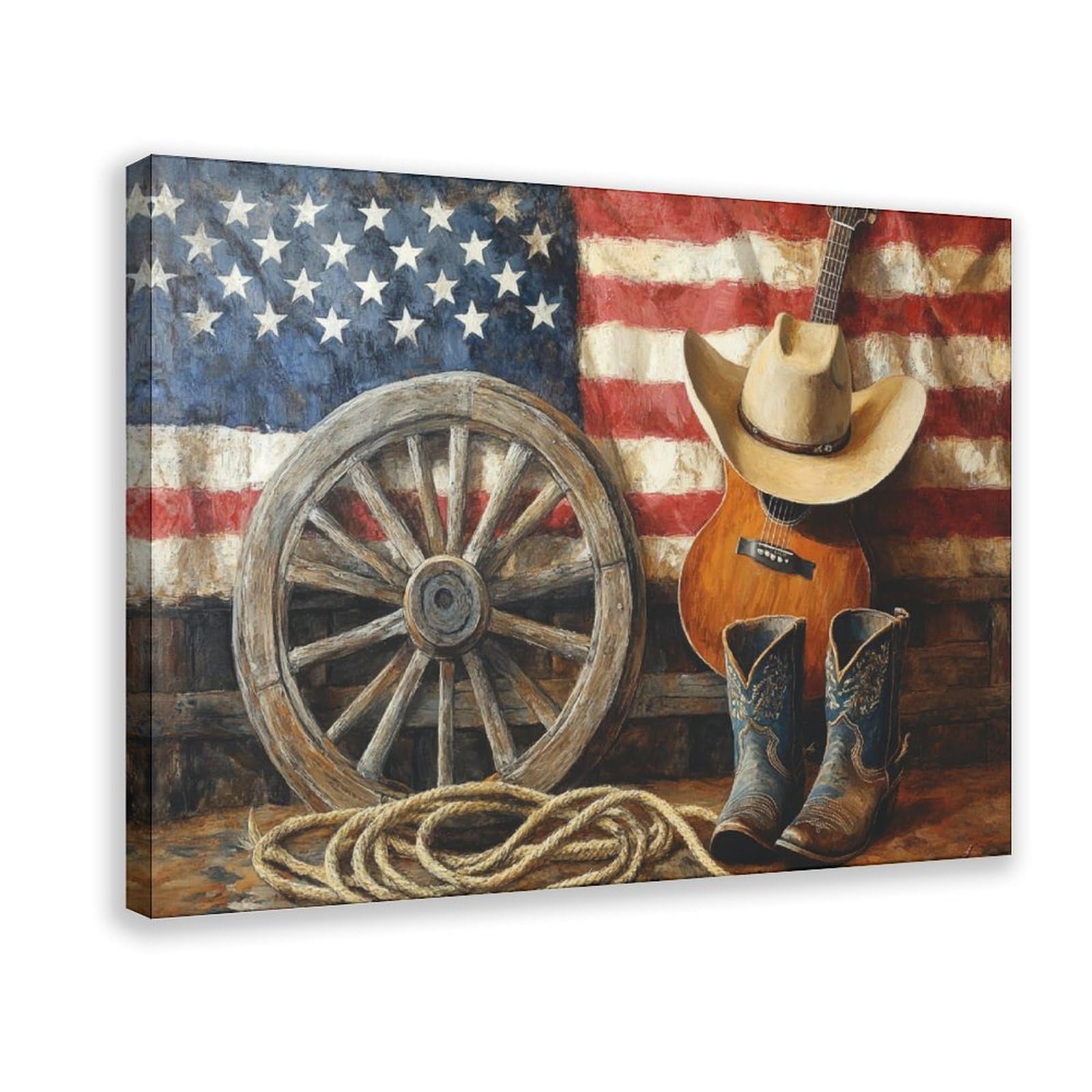 UZWGG 1pcs Framed Wall Art Classic Farmhouse Pastoral Wall Decoration Red Old Barn Truck Canvas Print American Flag Decoration Painting Independence Day Gift Wrapped Canvas 24x36inch(60x90cm)