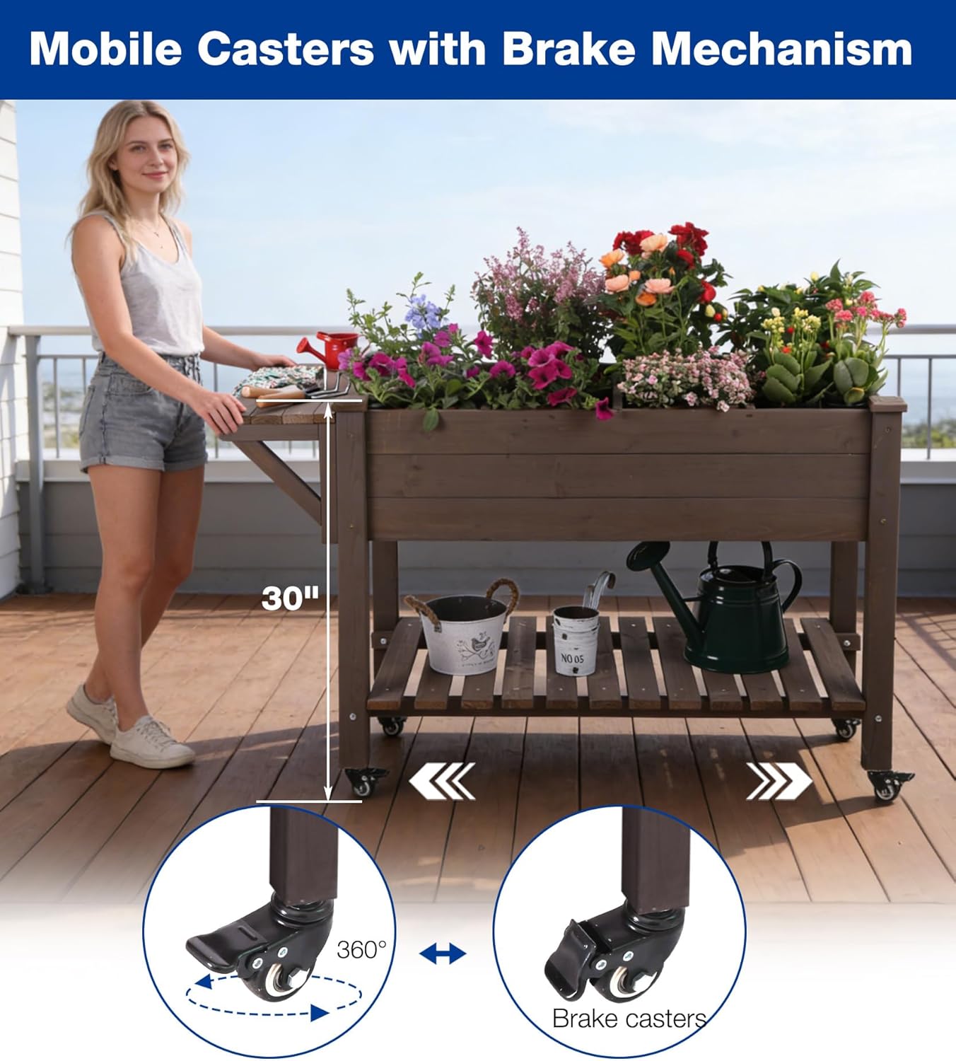 Raised Garden Bed Outdoor with Wheels, 52.7" Elevated Wooden Garden Bed with 8 Planter Boxes, Removable Dividers, Storage Shelf, Standing Mobile Planter with Non-Woven Liner
