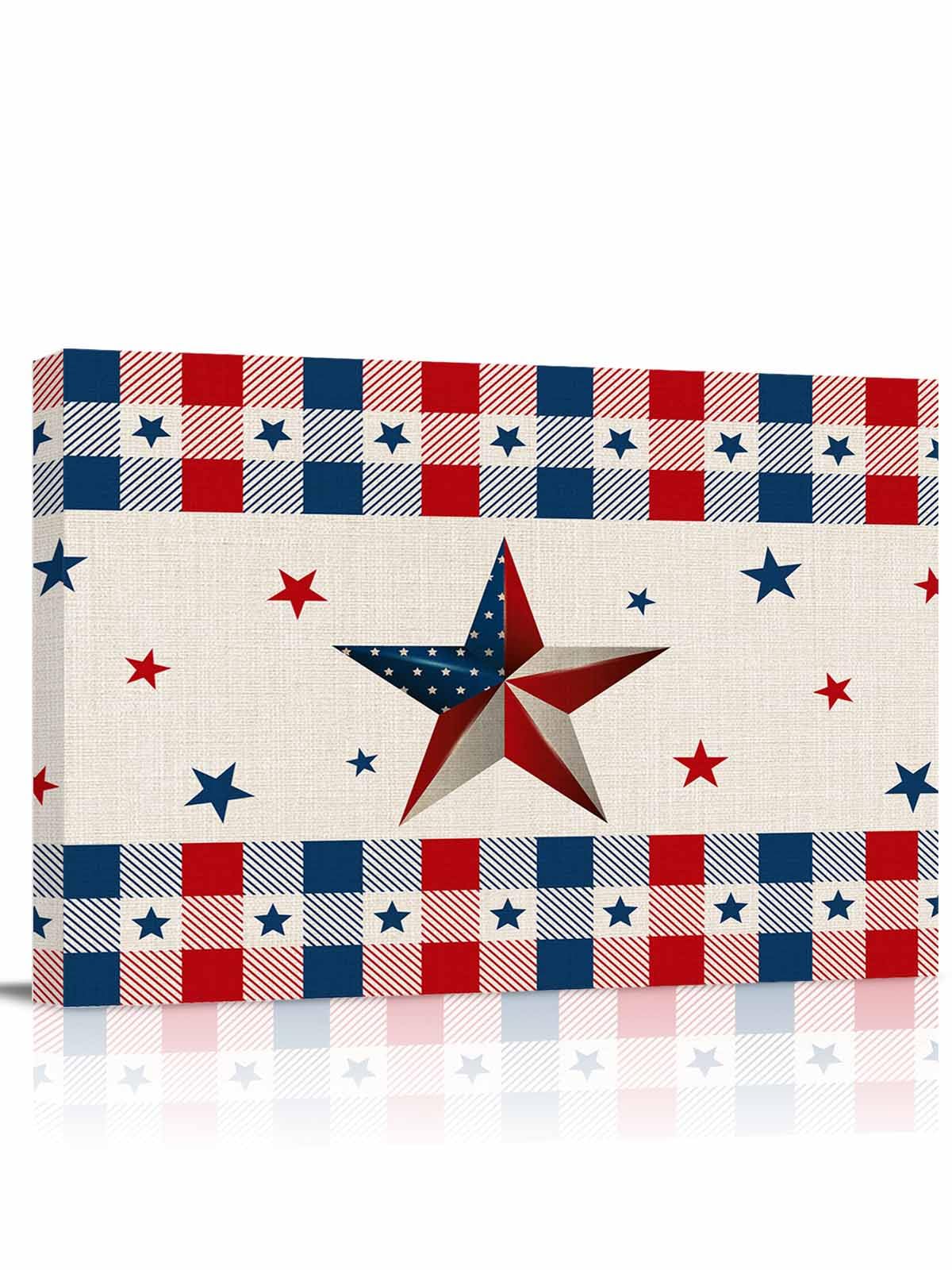 Vintage American Country Stars Blue Red Canvas Wall Art Retro Linen Burlap Wall Painting Canvas Picture Prints Framed Artwork for Office Bedroom Bathroom Kitchen Home Decorations,20x16In