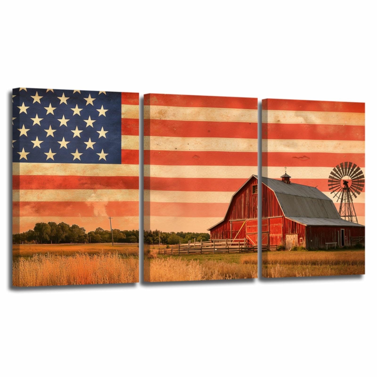 YMXDYMJSW 3 Pieces Vintage Barn Wall Art American Flag & Barn Pictures Farmhouse Landscape Canvas Prints Patriotic Flag Paintings for Living Room Decor Frame (White,16.00" x 24.00" x 3PCS)