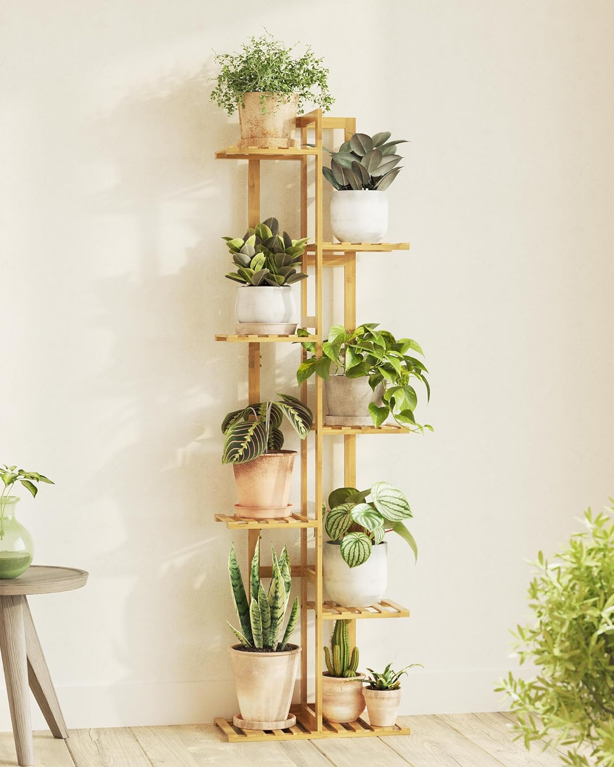7-Tier Bamboo Plant Stand, Indoor Outdoor Corner Flower Shelf