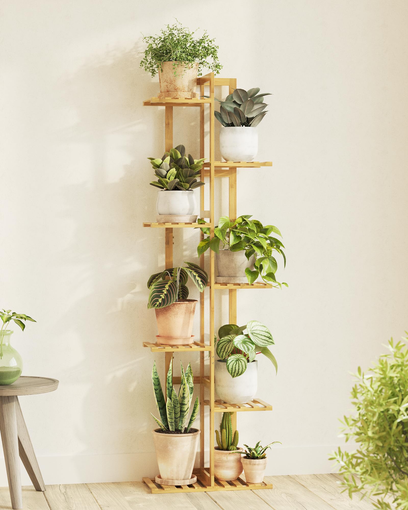 7-Tier Bamboo Plant Stand, Indoor Outdoor Corner Flower Shelf