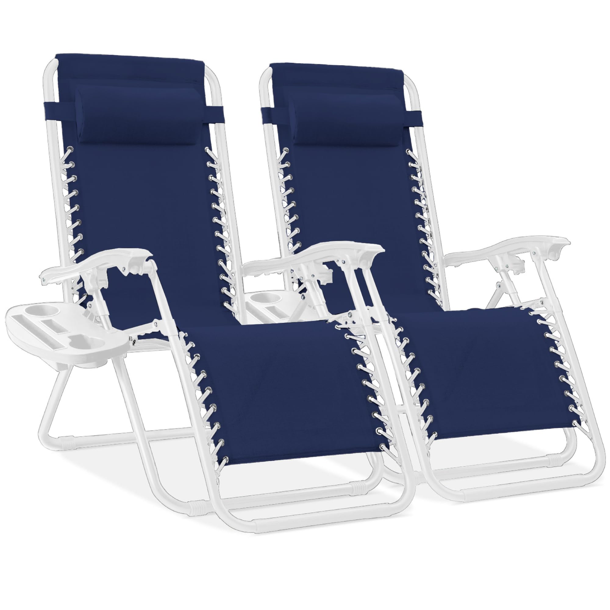 Best Choice Products Set of 2 Adjustable Steel Mesh Zero Gravity Lounge Chair Recliners w/Pillows and Cup Holder Trays - Ice Gray