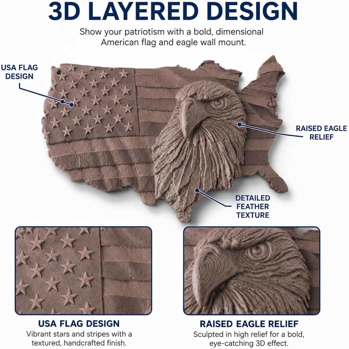 American Flag Eagle Wall Decor, Wood Colored | 3D Patriotic USA Map Wall Mount, Raised Eagle Stars and Stripes, July 4th Independence Day Decor, 12 Inch