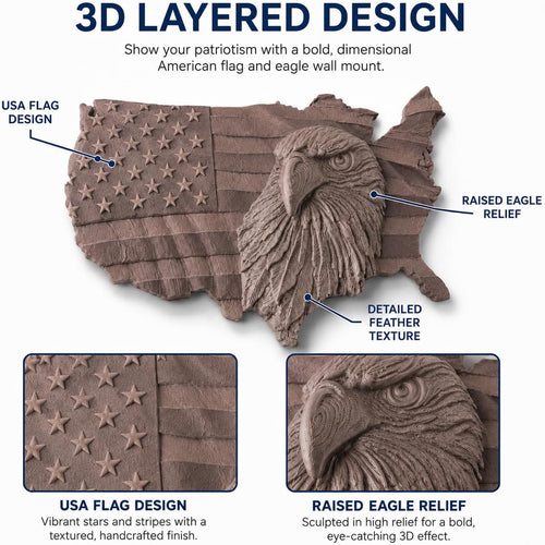 American Flag Eagle Wall Decor, Wood Colored | 3D Patriotic USA Map Wall Mount, Raised Eagle Stars and Stripes, July 4th Independence Day Decor, 12 Inch