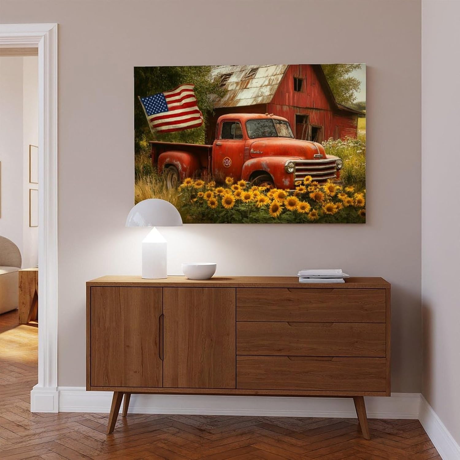 UZWGG 1pcs Framed Wall Art Classic Farmhouse Pastoral Wall Decoration Red Old Barn Truck Canvas Print American Flag Decoration Painting Independence Day Gift Wrapped Canvas 24x36inch(60x90cm)