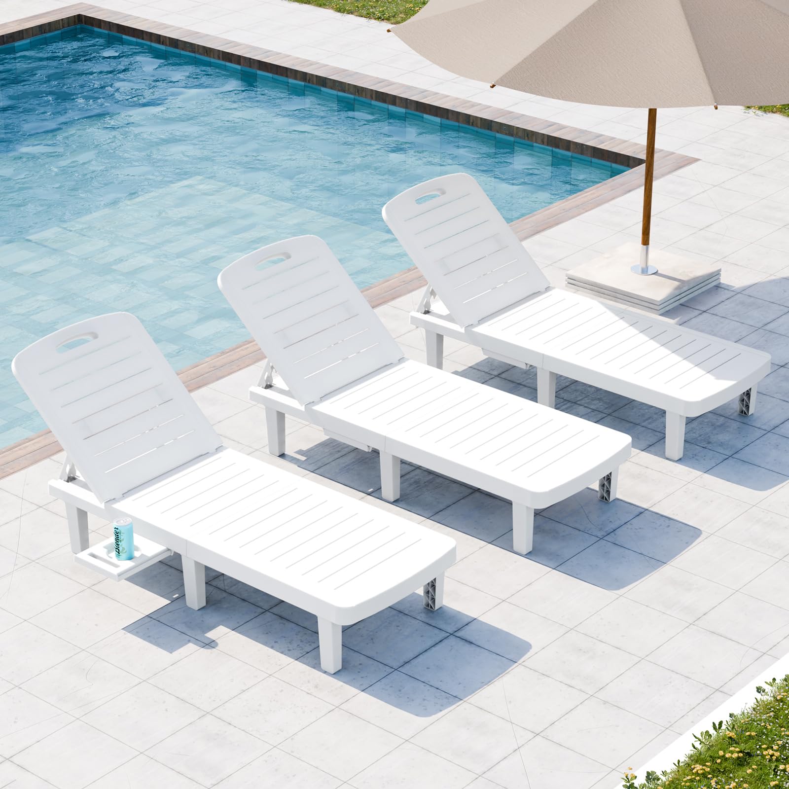 Outdoor Chaise Lounge Set of 4, Waterproof Resin Lounge Chairs for Outside w/Adjustable 5 Positions All Weather Use Recliner Chair for Patio, Poolside, Beach, Yard, Grey