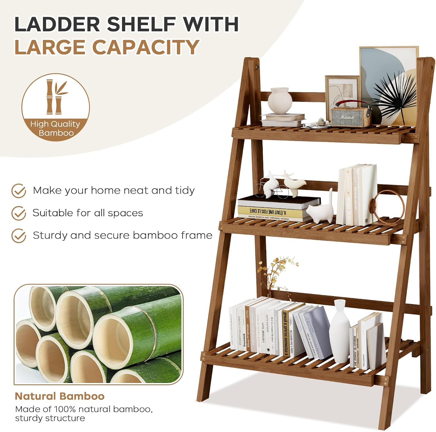 39.4" Bamboo Ladder Shelf Plant Shelf, 3 Tier Foldable Ladder Flower Pot Display Shelf Rack, 23.6"W x 15"D x 39.4"H, Freestanding Bookshelf for Garden, Balcony, Yard, Patio, Lawn, Living Room, Walnut