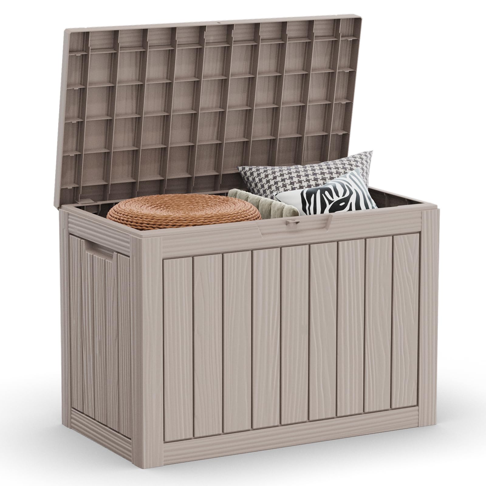 PatioZen 31 Gallon Wicker Pattern Resin Deck Box, Lockable Patio Outdoor Storage Box for Furniture, Garden Tools and Tools Storage, Waterproof Outside Storage Box (Grey)