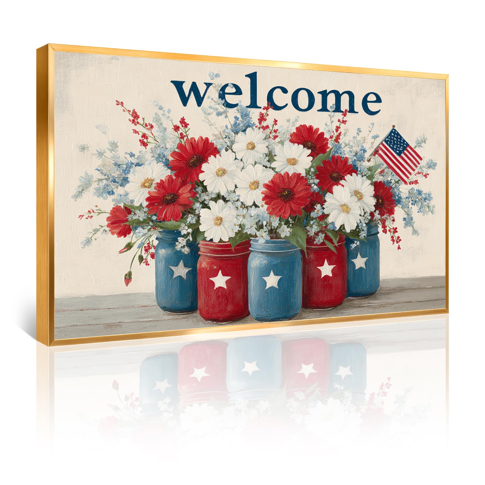 Azatyam American Flag Wall Art Patriotic Floral Picture USA Americana Decor Red White Rose Painting Wildflower Canvas Prints Vintage Country Style Artwork for Living Room Office Bedroom Wall Decor 16" x 24"