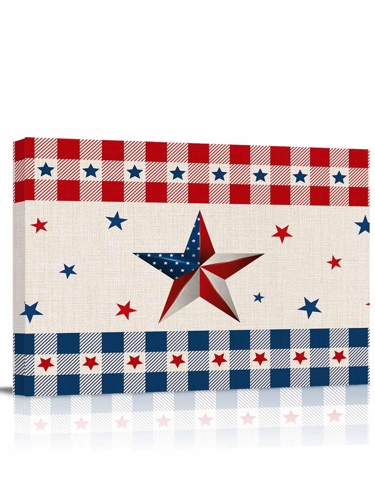 Vintage American Country Stars Blue Red Canvas Wall Art Retro Linen Burlap Wall Painting Canvas Picture Prints Framed Artwork for Office Bedroom Bathroom Kitchen Home Decorations,20x16In