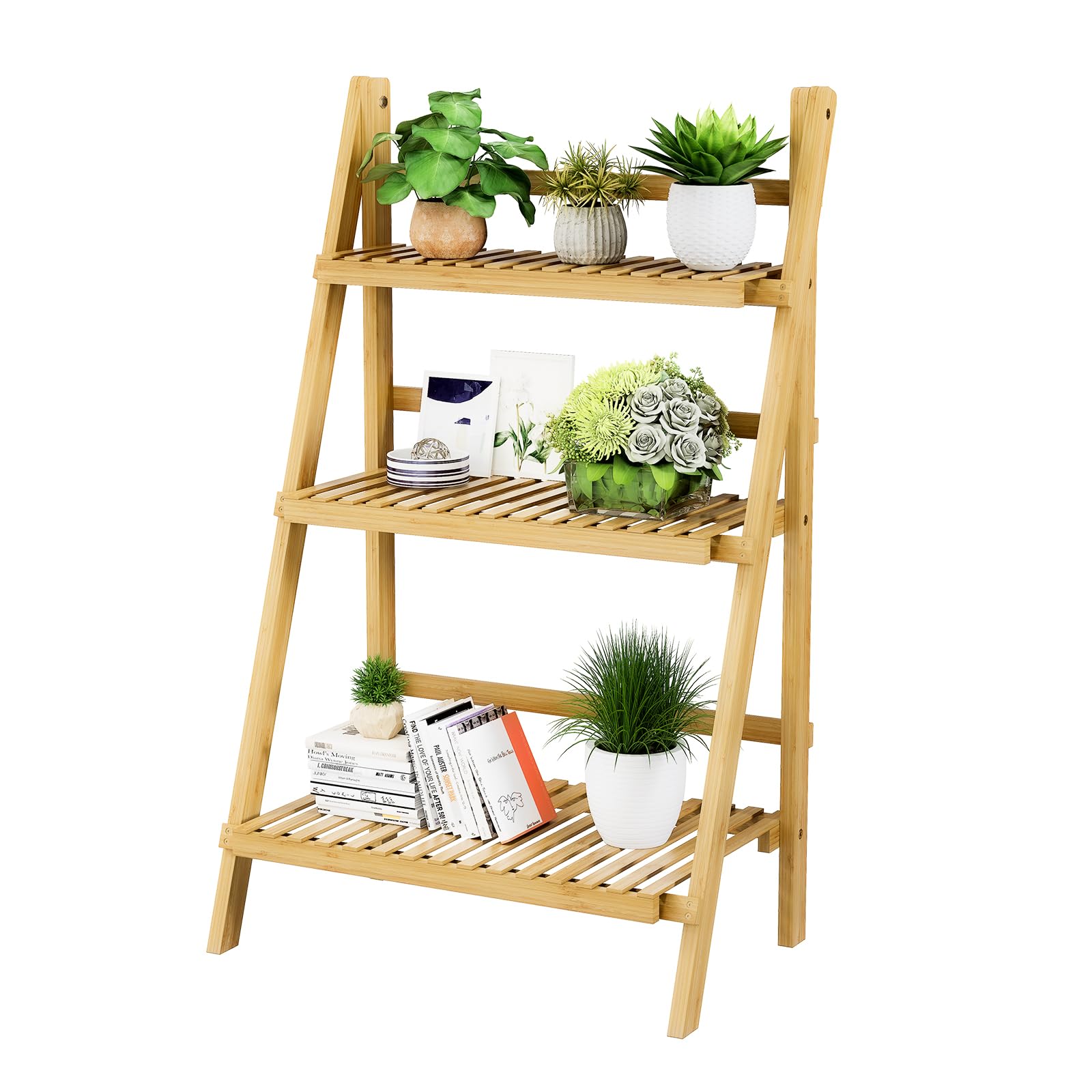 39.4" Bamboo Ladder Shelf Plant Shelf, 3 Tier Foldable Ladder Flower Pot Display Shelf Rack, 23.6"W x 15"D x 39.4"H, Freestanding Bookshelf for Garden, Balcony, Yard, Patio, Lawn, Living Room, Walnut