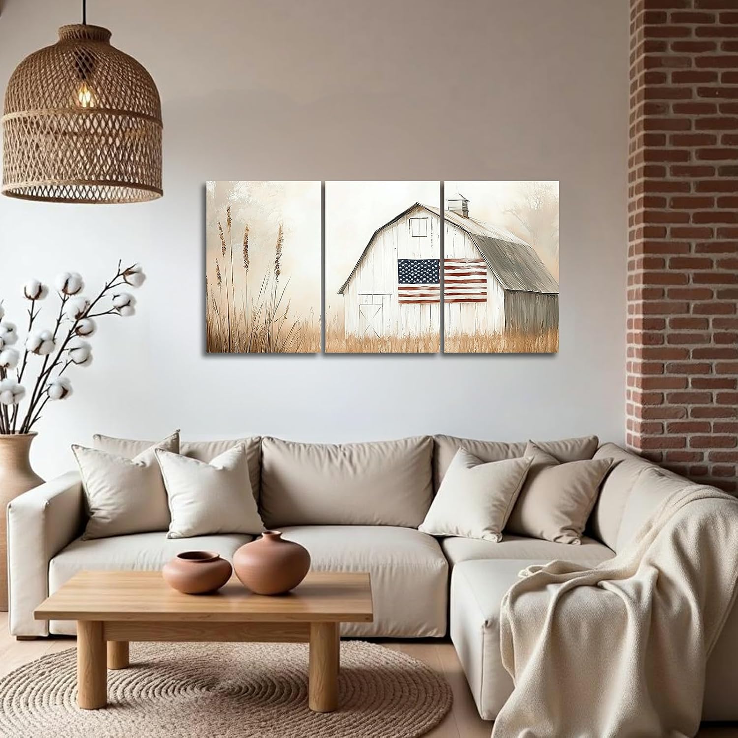 YMXDYMJSW 3 Pieces Vintage Barn Wall Art American Flag & Barn Pictures Farmhouse Landscape Canvas Prints Patriotic Flag Paintings for Living Room Decor Frame (White,16.00" x 24.00" x 3PCS)