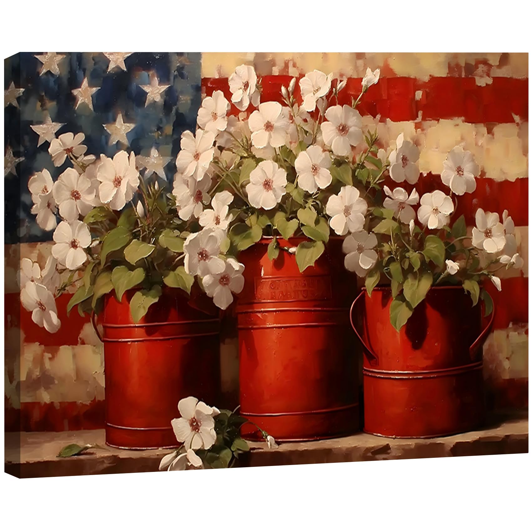 Vintage American Flag Wildflower Canvas Wall Art for Living Room, Framed Patriotic 4th of July Canvas Prints Pictures, Rustic Farmhouse Artwork for Enterway Bedroom Bathroom Wall Decor