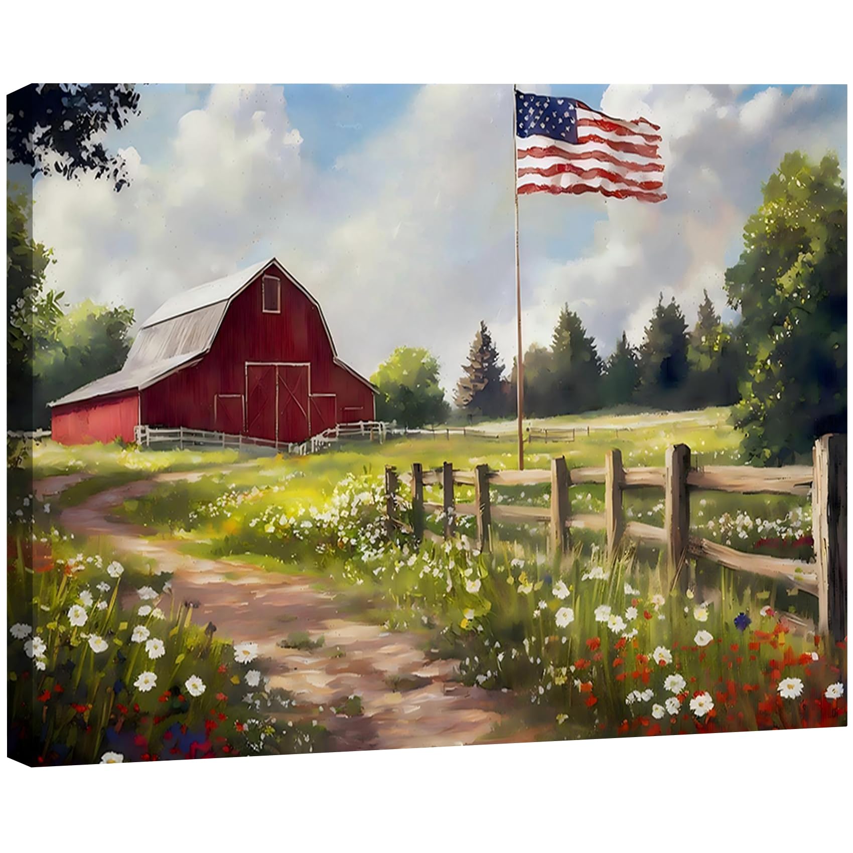 Vintage American Flag Wildflower Canvas Wall Art for Living Room, Framed Patriotic 4th of July Canvas Prints Pictures, Rustic Farmhouse Artwork for Enterway Bedroom Bathroom Wall Decor