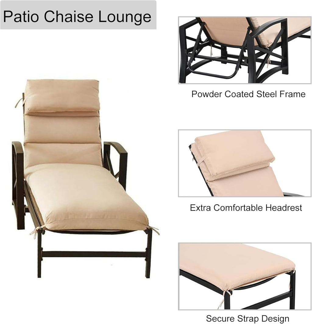 LOKATSE HOME Patio Chaise Lounge Chair Outdoor Furniture Reclining Adjustable with Cushion and Soft Pillow for Pool, Deck, Yard, Khaki