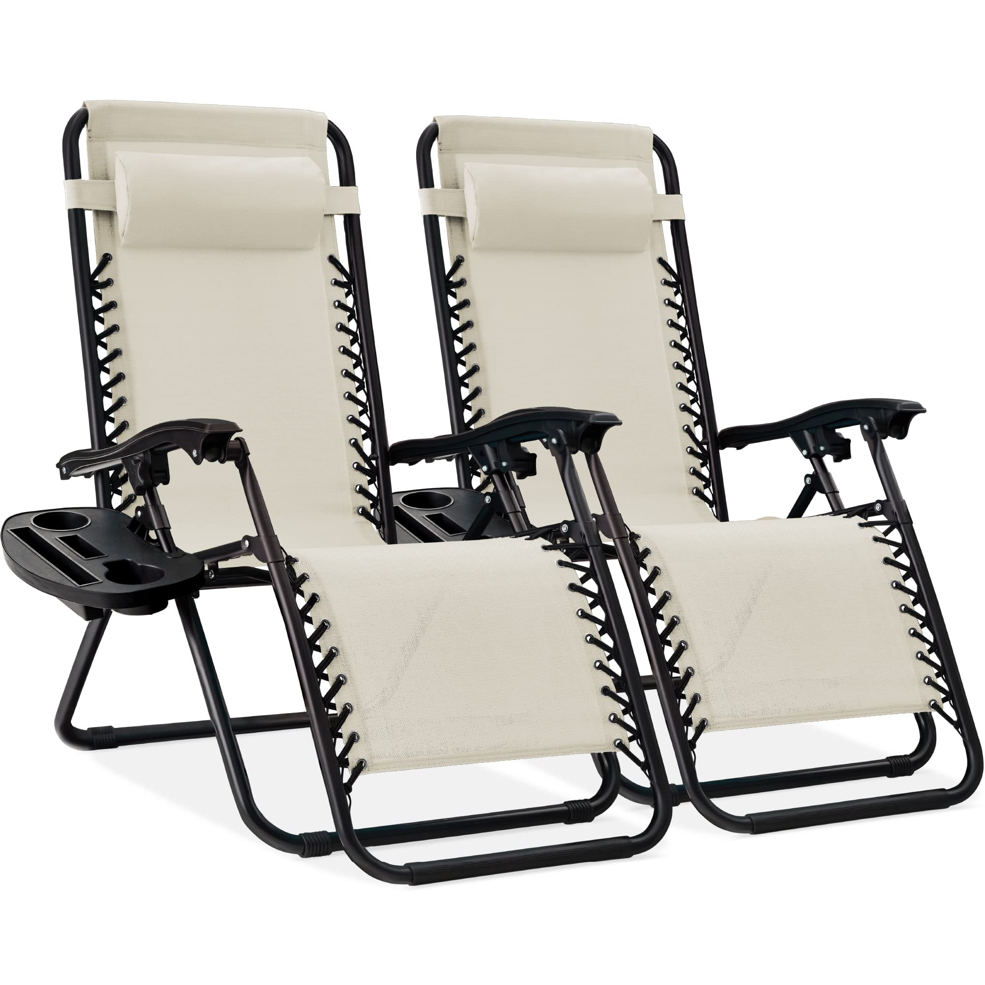 Best Choice Products Set of 2 Adjustable Steel Mesh Zero Gravity Lounge Chair Recliners w/Pillows and Cup Holder Trays - Ice Gray