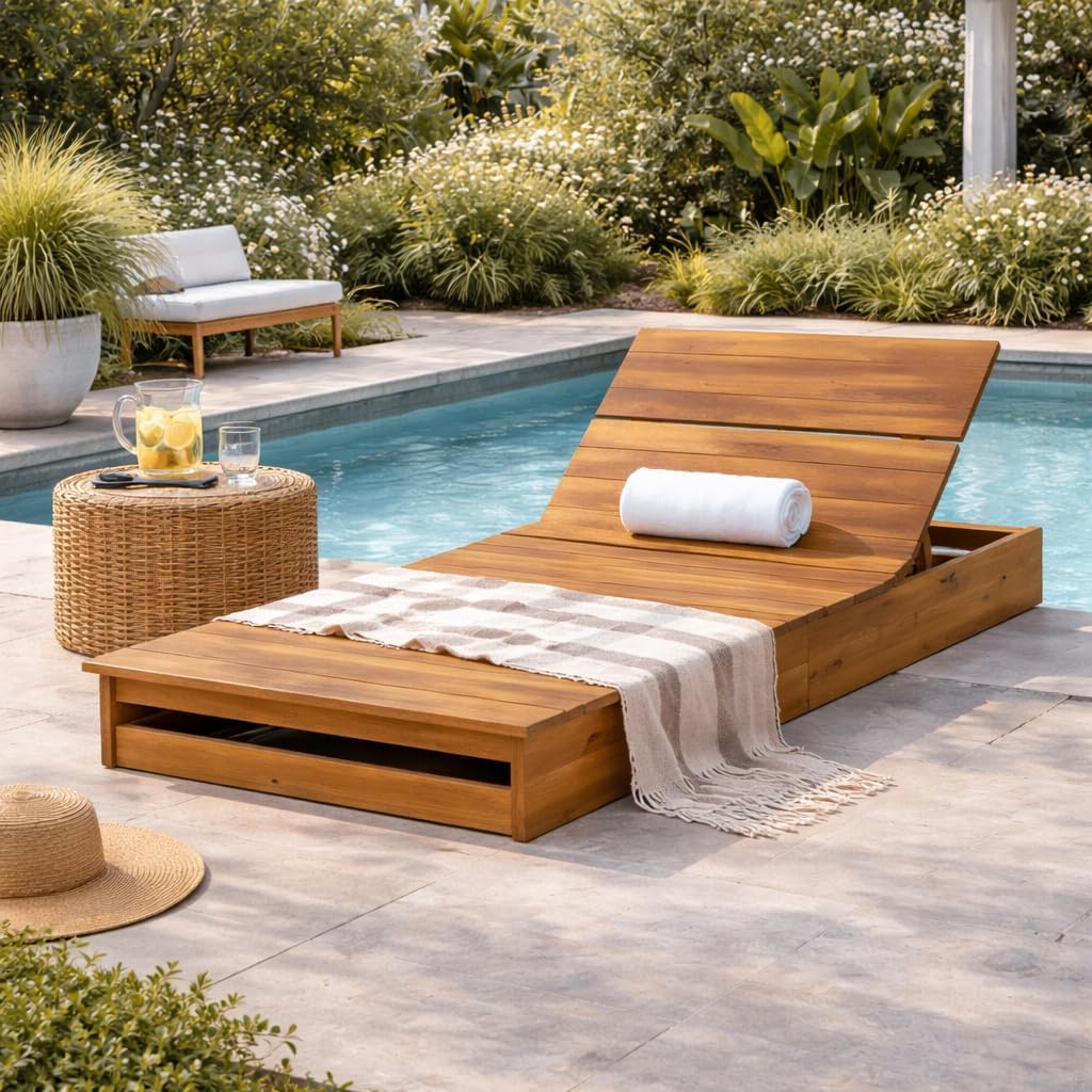 Bard Acacia Wood Chaise Lounge, 3-Position Recliner with Thick Cushion, Teak & Cream
