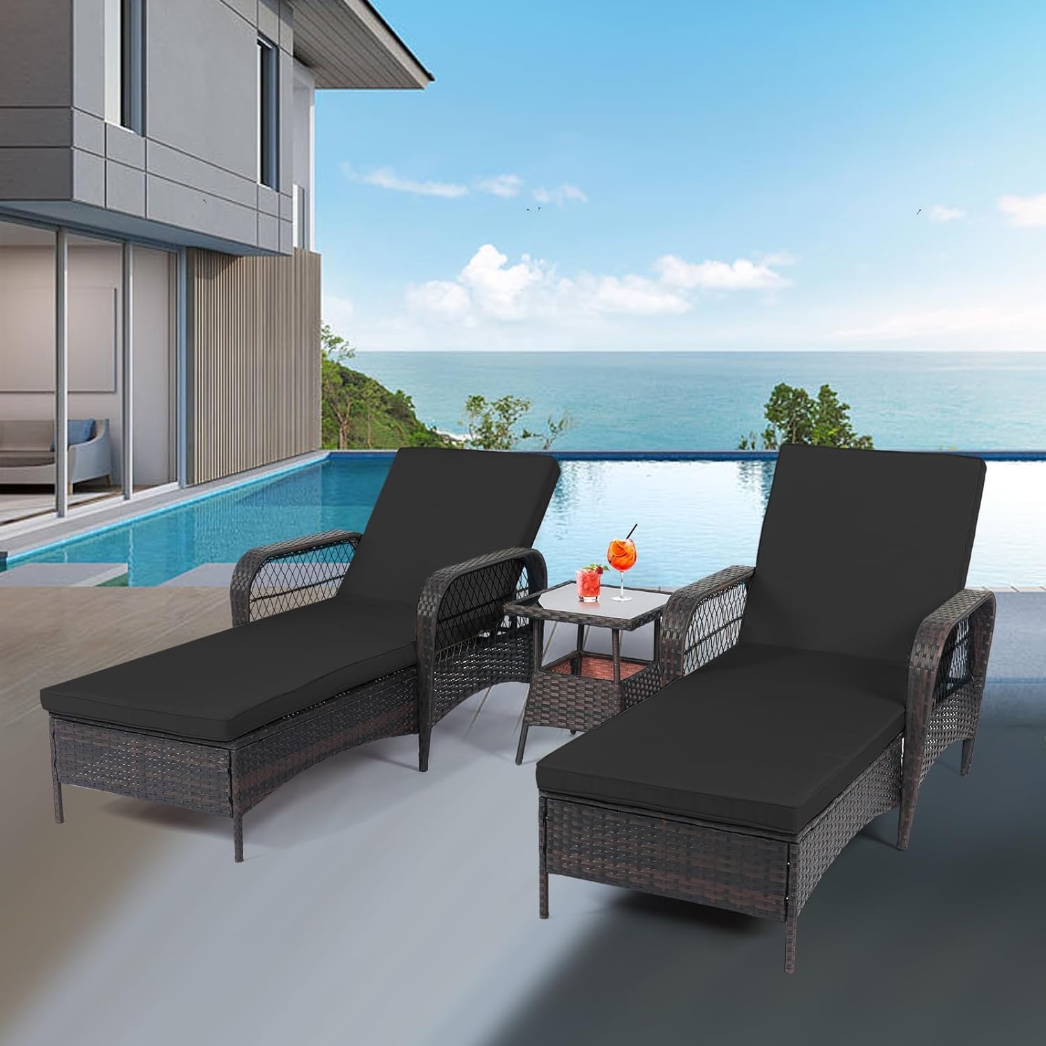 LEVELEVE Outdoor Wicker Chaise Lounge Sets, Patio Recliner Chairs with Tea Table