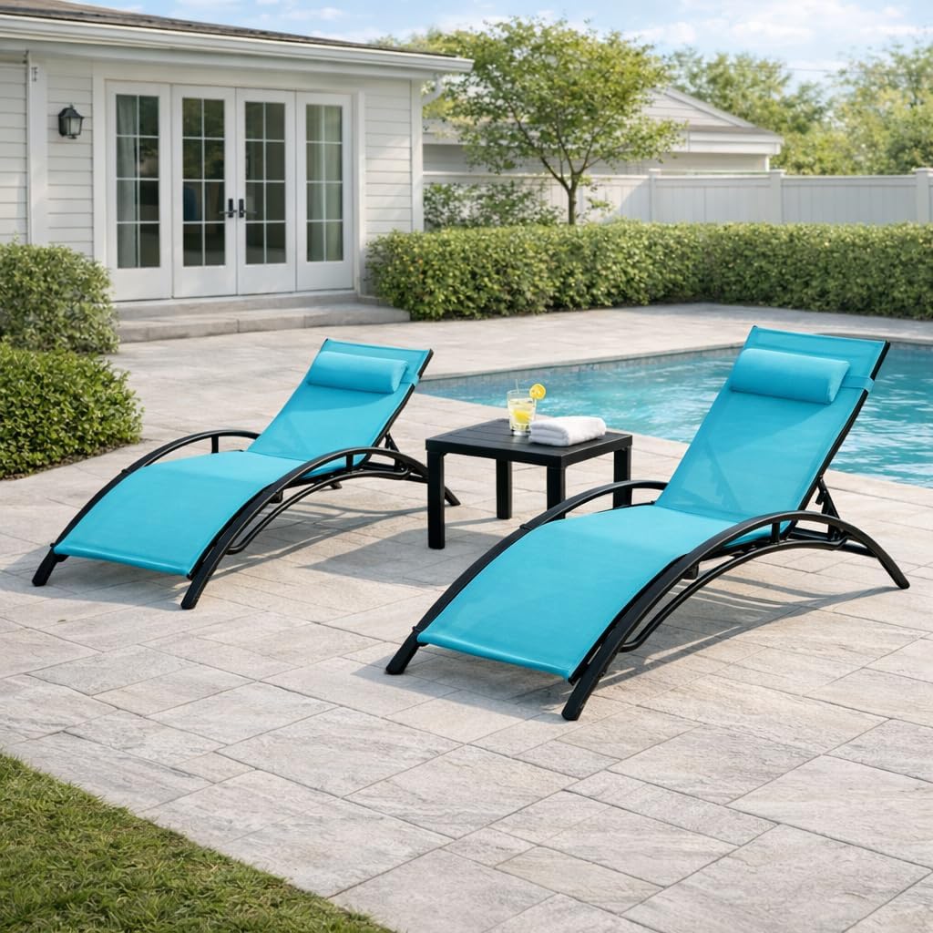 3PC Khaki Reclining Chaise Lounge with Side Table