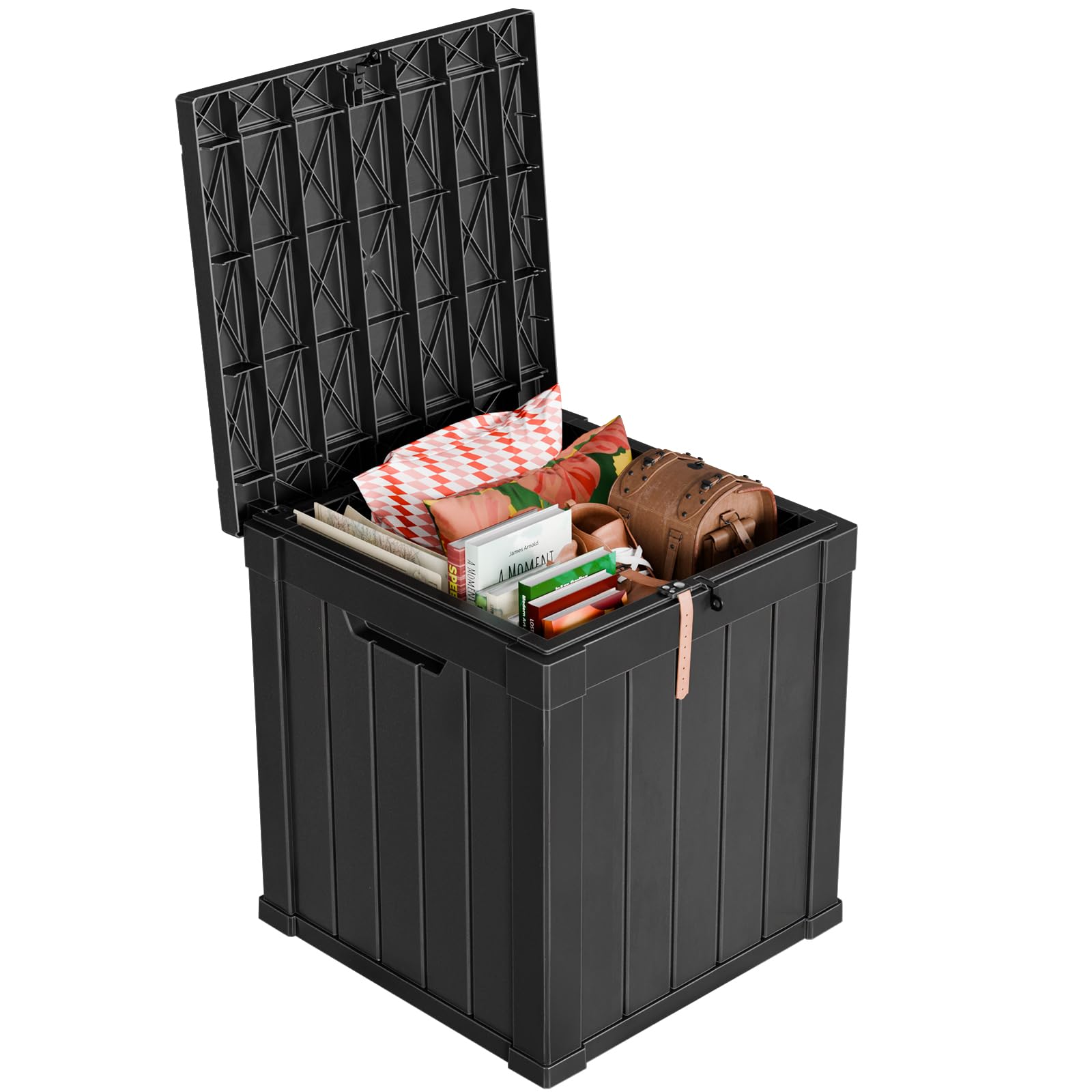 PatioZen 31 Gallon Wicker Pattern Resin Deck Box, Lockable Patio Outdoor Storage Box for Furniture, Garden Tools and Tools Storage, Waterproof Outside Storage Box (Grey)