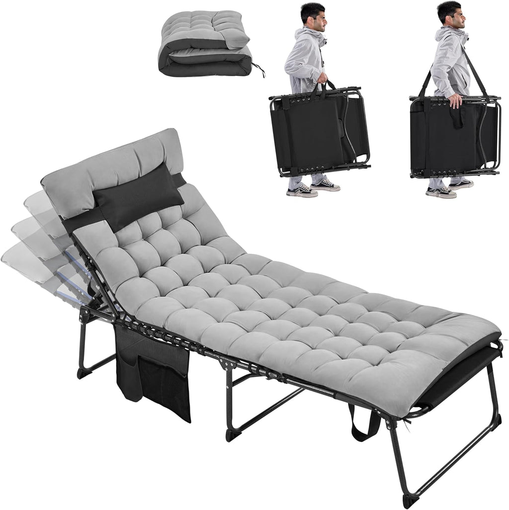 Yaheetech 5 Position Folding Tanning Chair, Outdoor Chaise Lounge Chair with Pad for Beach Patio Poolside Lawn(Gray)