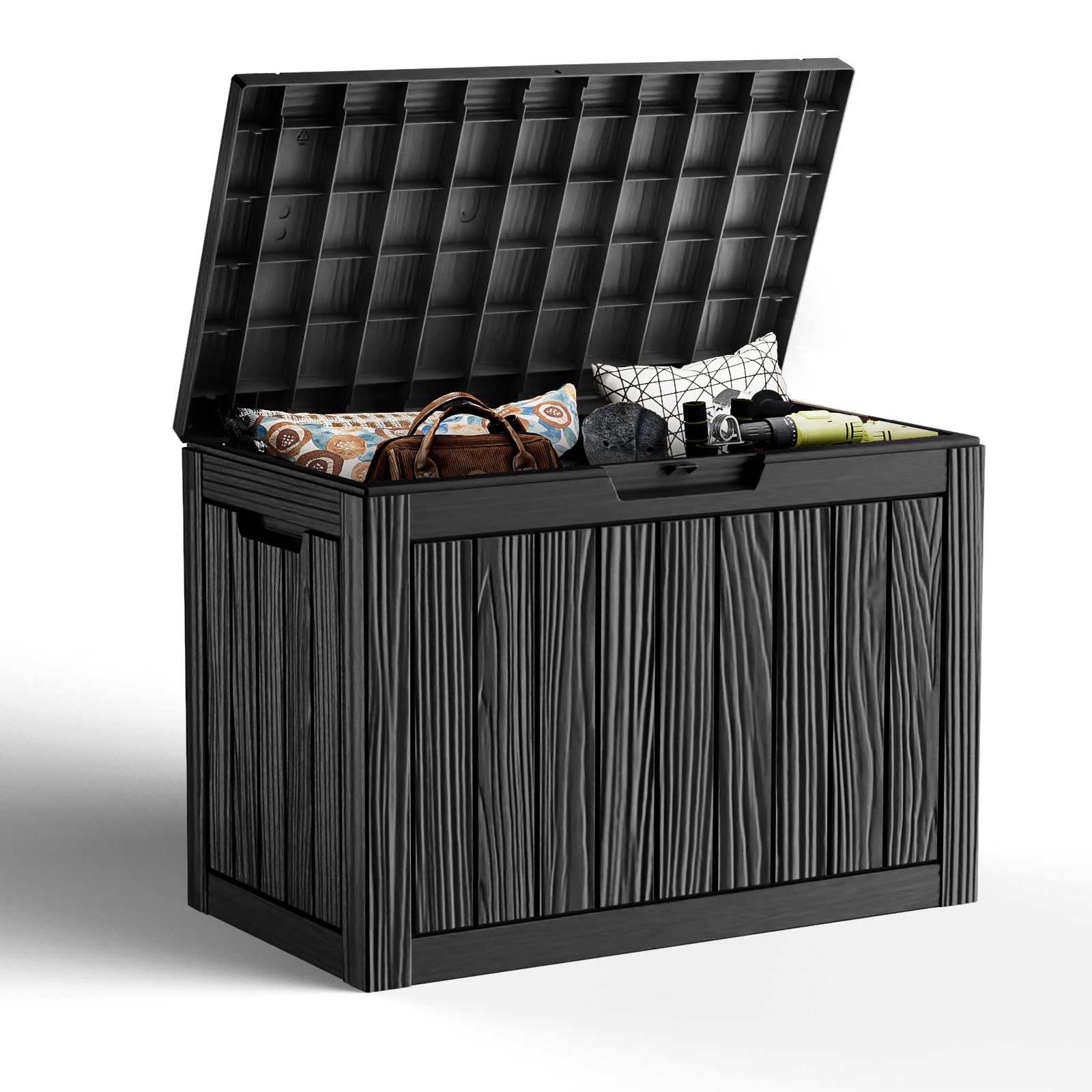 PatioZen 31 Gallon Wicker Pattern Resin Deck Box, Lockable Patio Outdoor Storage Box for Furniture, Garden Tools and Tools Storage, Waterproof Outside Storage Box (Grey)