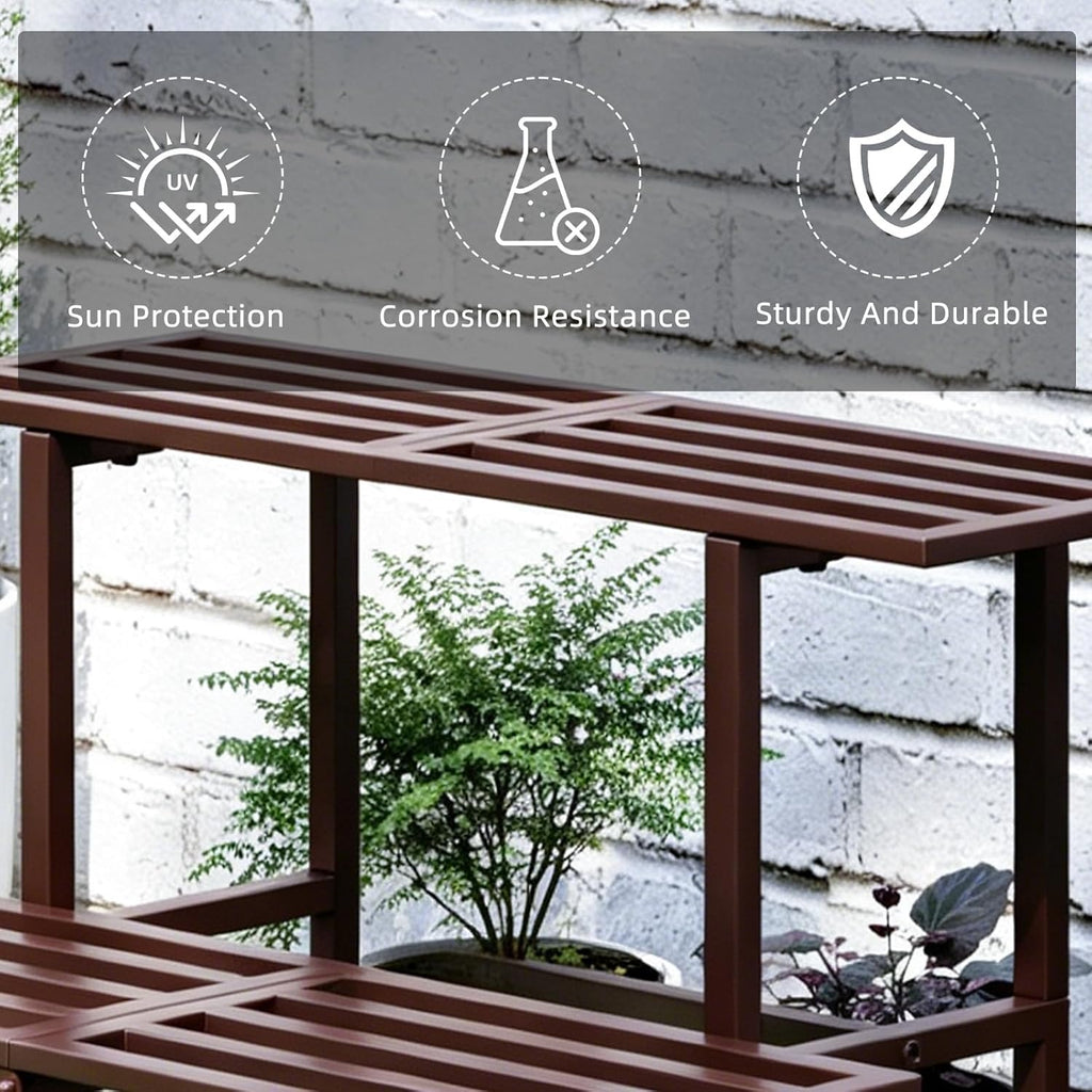 Plant Stand Indoor Outdoor, Foldable Metal Plant Shelf for Multiple Pots, Mid Century Slatted Bench for Patio Garden, Heavy Duty Capacity 330 lbs 2 Tier Coffe