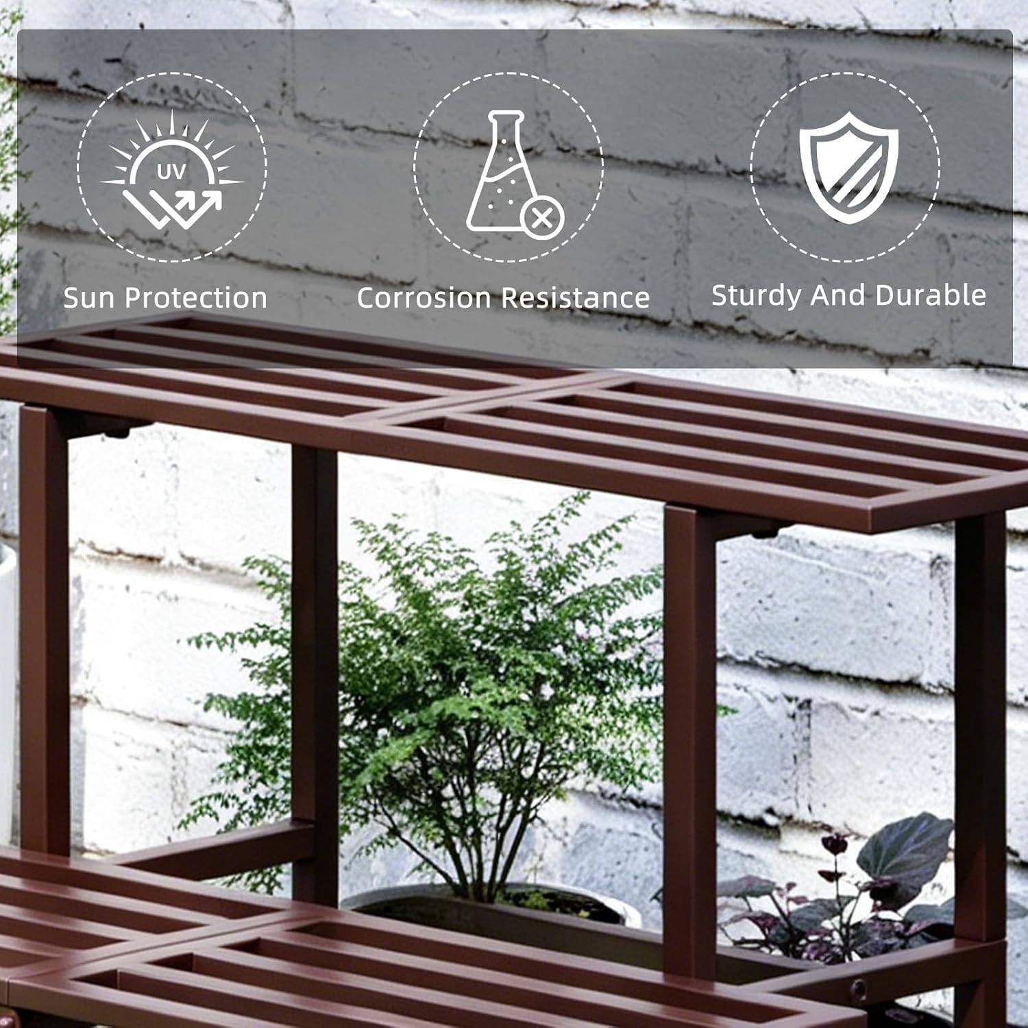 Plant Stand Indoor Outdoor, Foldable Metal Plant Shelf for Multiple Pots, Mid Century Slatted Bench for Patio Garden, Heavy Duty Capacity 330 lbs 2 Tier Coffe
