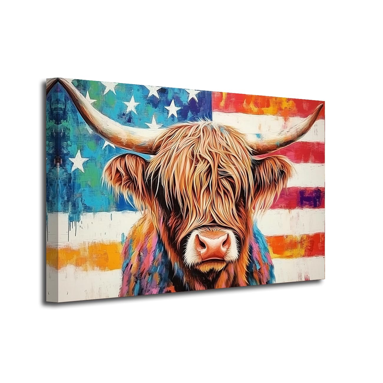 LZIMU American Flag Wall Art Highland Cow Canvas Print Fluffy Longhaired Cow Painting Vintage USA Flag Rustic Farmhouse Decor for Man Cave Office Framed (Gray, 16" L x 20" W)