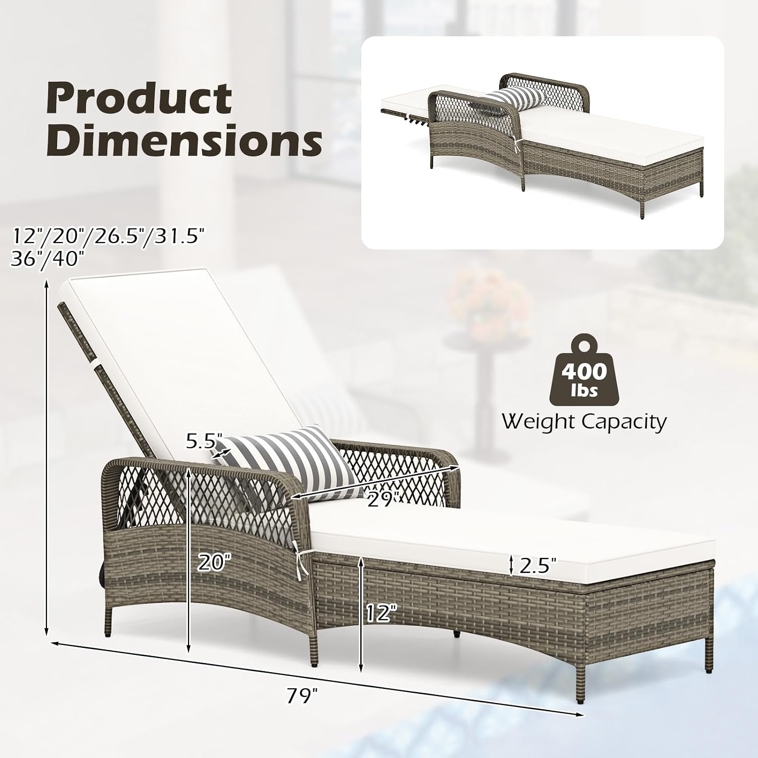 Wicker Chaise Lounge Chair, Patio Rattan Recliner with 6-Position Adjustable Backrest, Soft Cushions, Removable Lumber Pillow & Armrests, Lounger Chair for Poolside & Backyard (Off White)