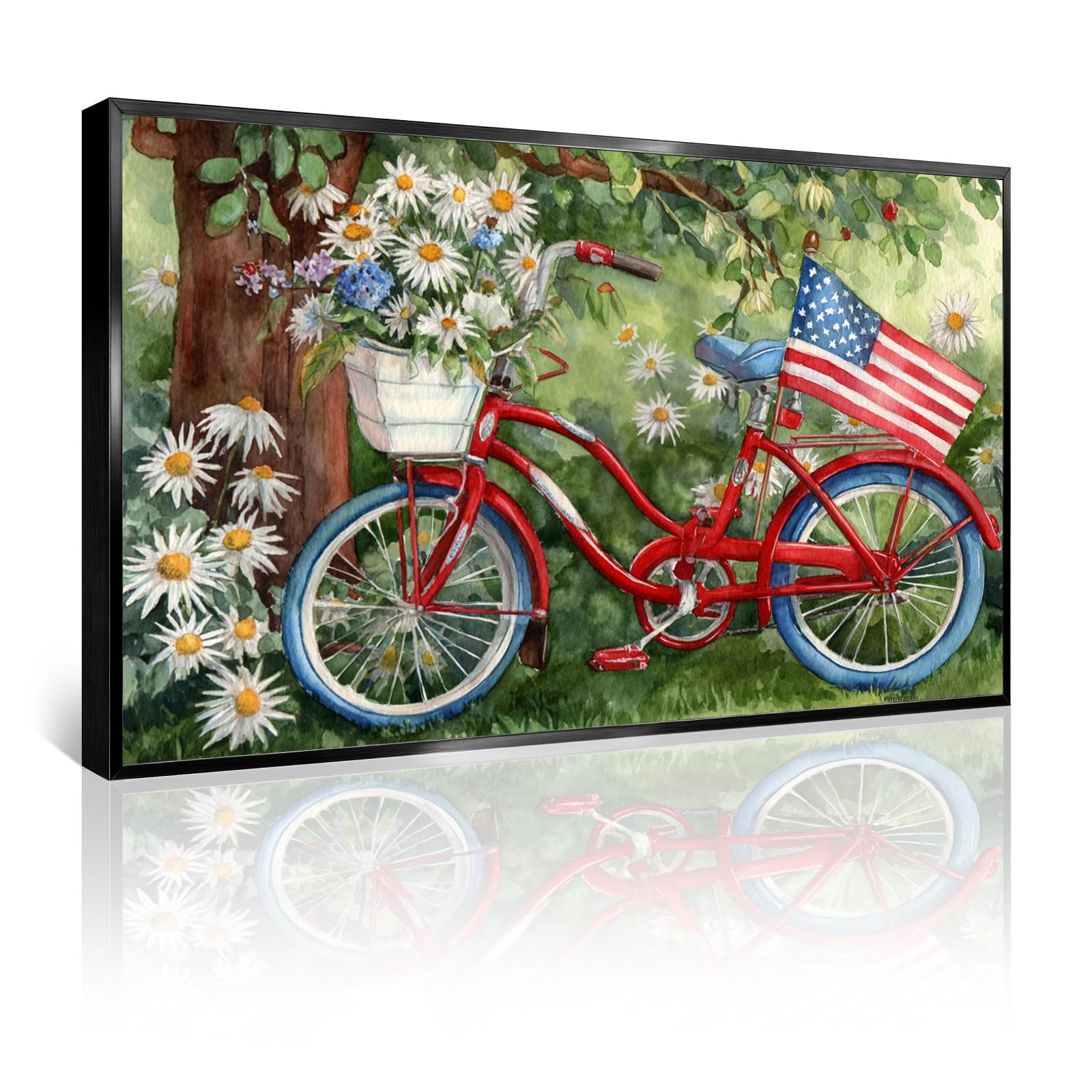 Azatyam American Flag Wall Art Patriotic Floral Picture USA Americana Decor Red White Rose Painting Wildflower Canvas Prints Vintage Country Style Artwork for Living Room Office Bedroom Wall Decor 16" x 24"