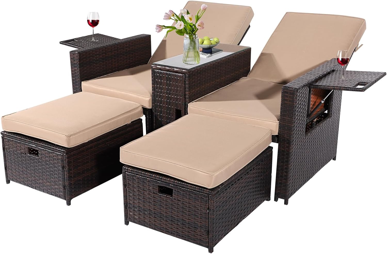 5PCS Outdoor Wicker Chaise Lounge Chair - Rattan Adjustable Reclining Patio Lounge Chair with Ottoman and Coffee Table, for Patio Beach Pool Backyard (Black Wicker Khaki Cushion)