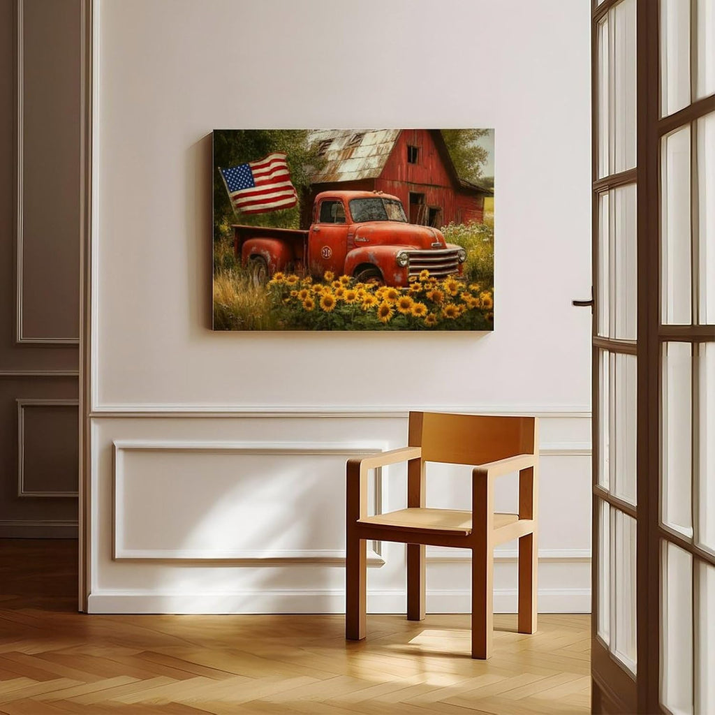 UZWGG 1pcs Framed Wall Art Classic Farmhouse Pastoral Wall Decoration Red Old Barn Truck Canvas Print American Flag Decoration Painting Independence Day Gift Wrapped Canvas 24x36inch(60x90cm)