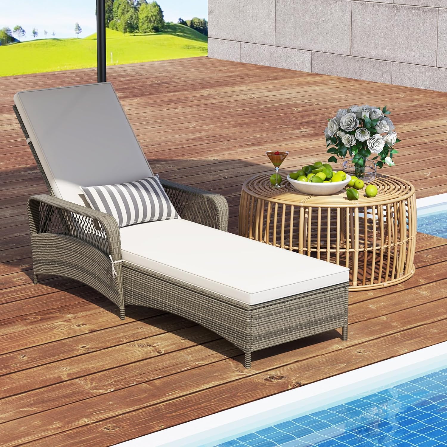 Wicker Chaise Lounge Chair, Patio Rattan Recliner with 6-Position Adjustable Backrest, Soft Cushions, Removable Lumber Pillow & Armrests, Lounger Chair for Poolside & Backyard (Off White)