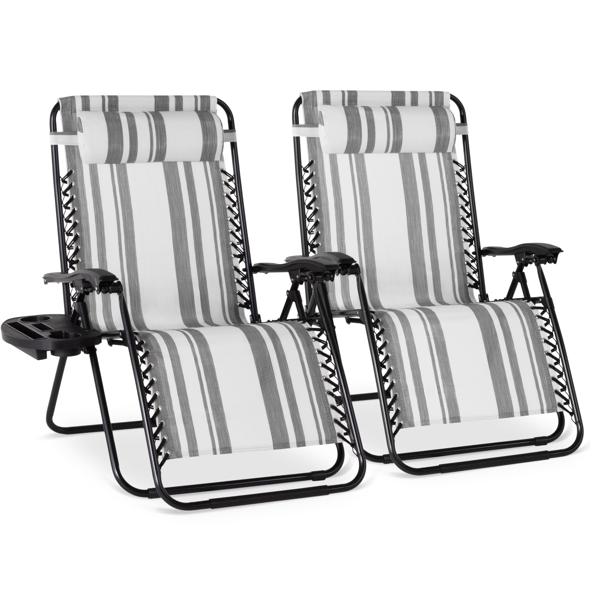 Best Choice Products Set of 2 Adjustable Steel Mesh Zero Gravity Lounge Chair Recliners w/Pillows and Cup Holder Trays - Ice Gray