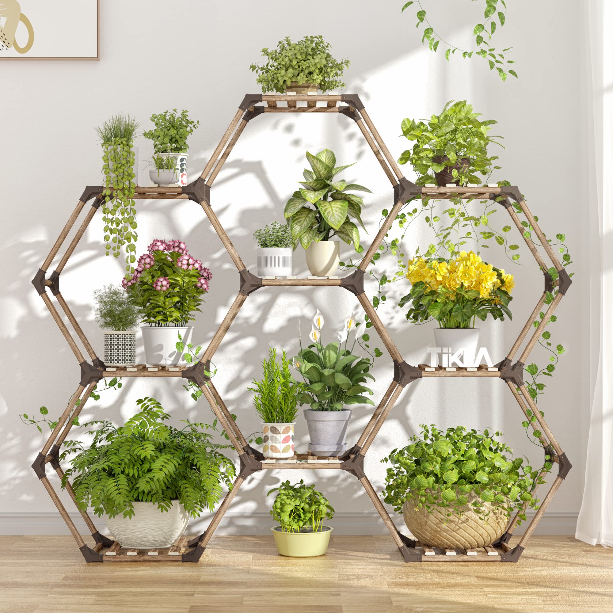 Tikea - Hexagonal Plant Stand Indoor Outdoor Large 11 Tiered Wooden Plant Shelf Indoor Creative Flower Decor for Living Room Balcony Patio