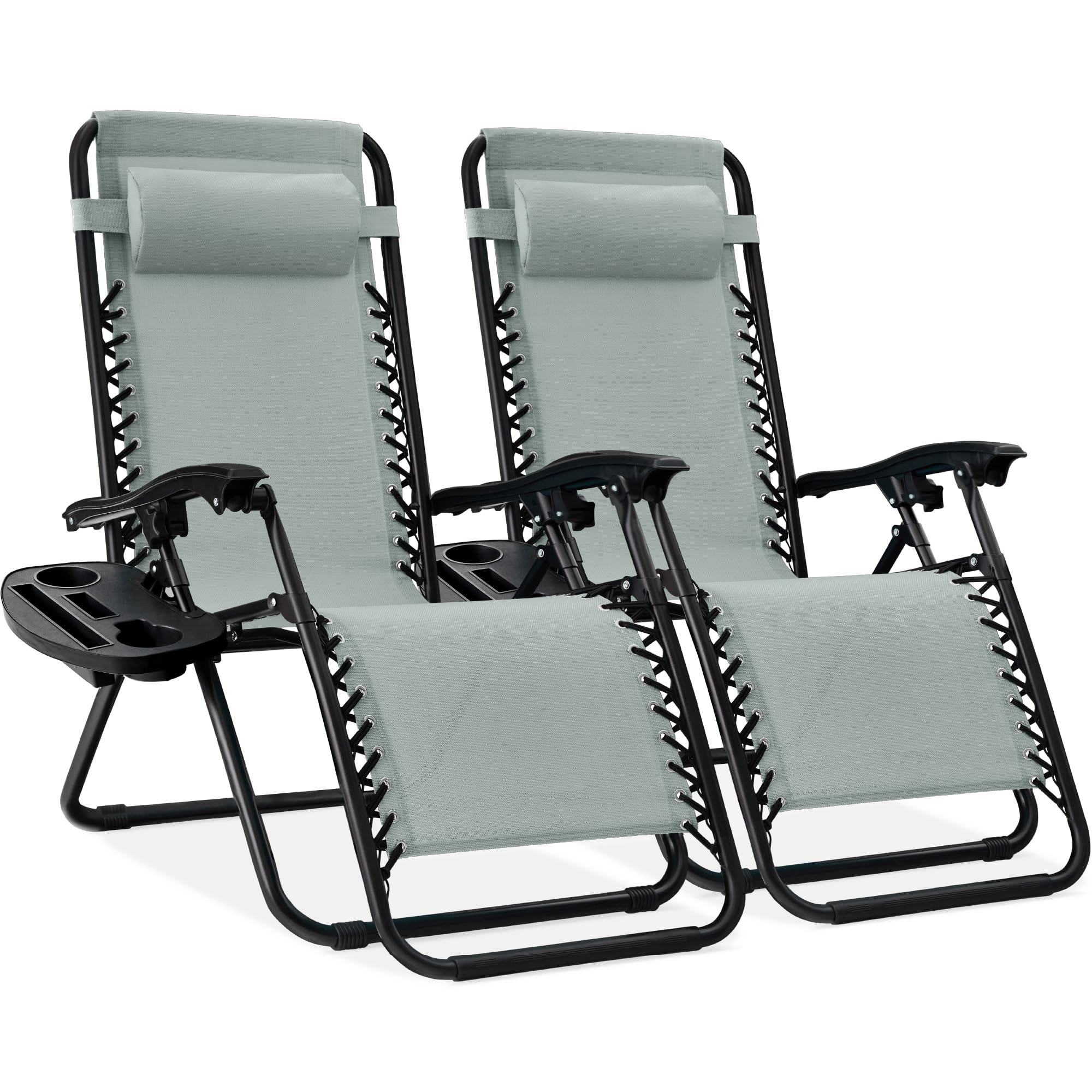 Best Choice Products Set of 2 Adjustable Steel Mesh Zero Gravity Lounge Chair Recliners w/Pillows and Cup Holder Trays - Ice Gray