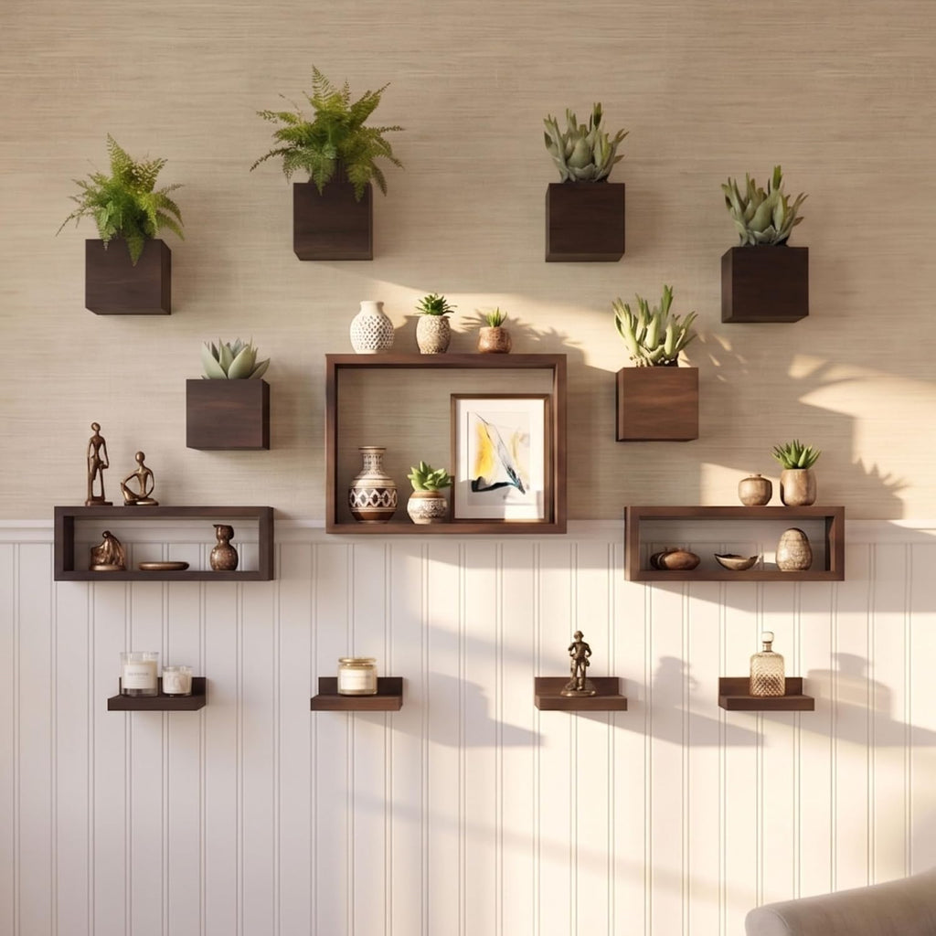 LaLaGreen Wooden Floating Shelves (13-Piece Set) Wall Mounted Plant Shelf, Planter Boxes for Indoor Plants, Decorative Wood Display Shadow Box Kitchen, Bathroom, Bedroom, Living Room, and Home Decor