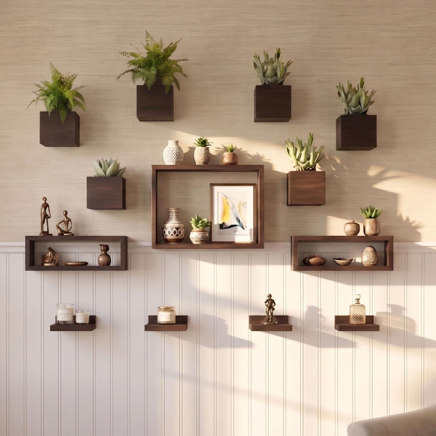 LaLaGreen Wooden Floating Shelves (13-Piece Set) Wall Mounted Plant Shelf, Planter Boxes for Indoor Plants, Decorative Wood Display Shadow Box Kitchen, Bathroom, Bedroom, Living Room, and Home Decor