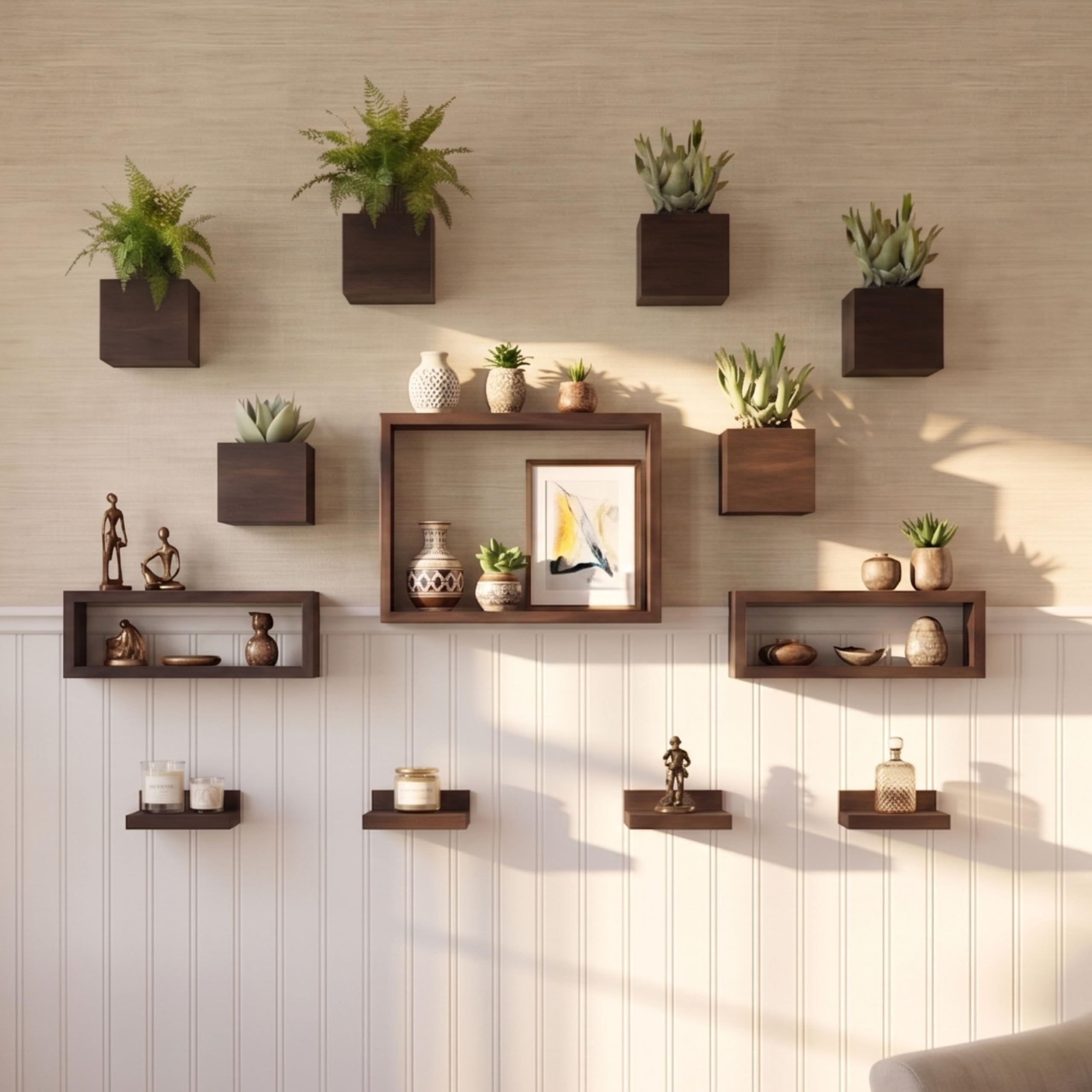 LaLaGreen Wooden Floating Shelves (13-Piece Set) Wall Mounted Plant Shelf, Planter Boxes for Indoor Plants, Decorative Wood Display Shadow Box Kitchen, Bathroom, Bedroom, Living Room, and Home Decor