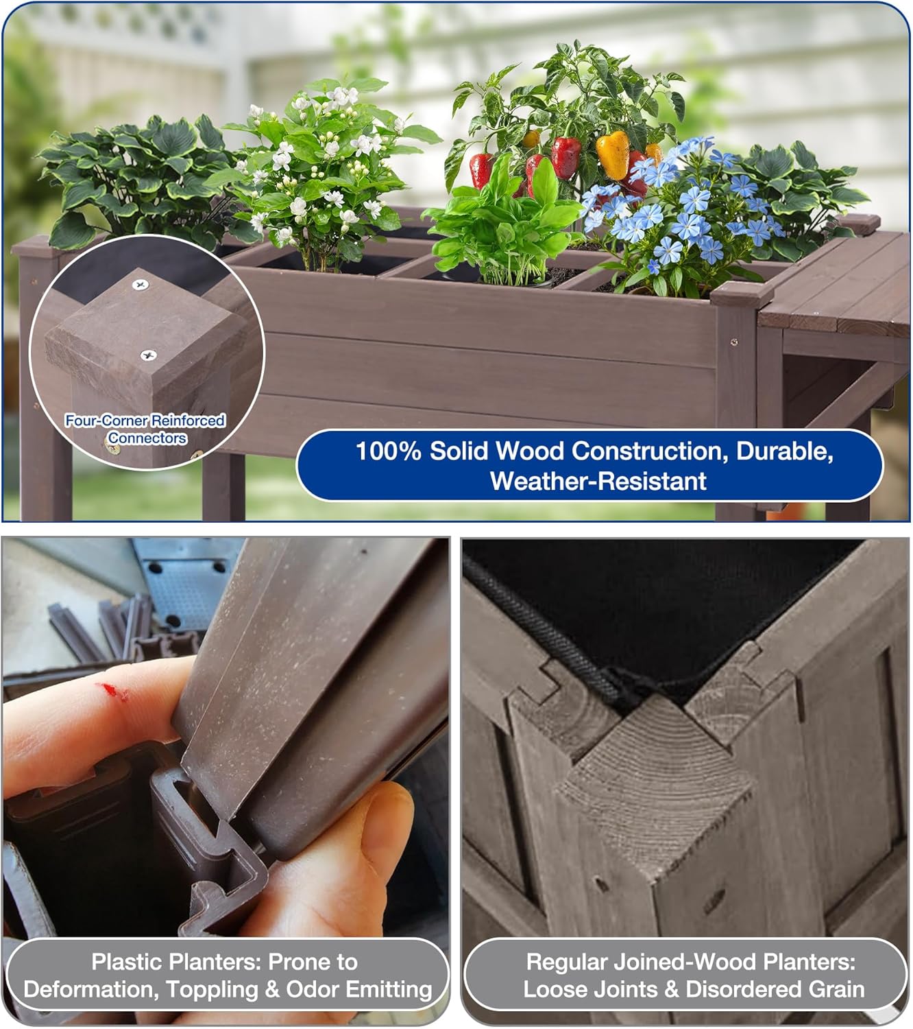 Raised Garden Bed Outdoor with Wheels, 52.7" Elevated Wooden Garden Bed with 8 Planter Boxes, Removable Dividers, Storage Shelf, Standing Mobile Planter with Non-Woven Liner