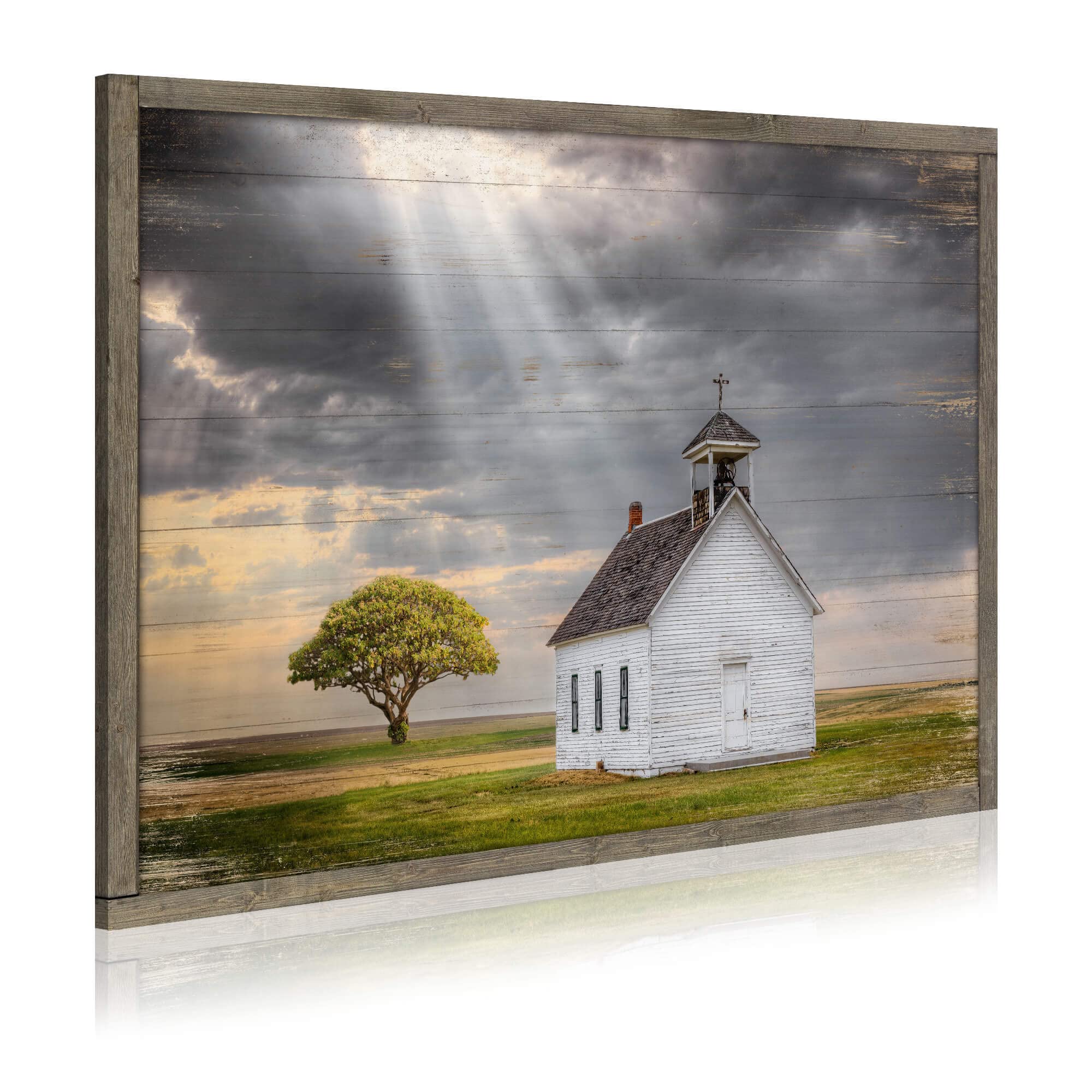 Rustic Landscape Wooden Picture Artwork - Neutral Color Barn with USA Flag Accent Windmill Painting Wall Art Framed