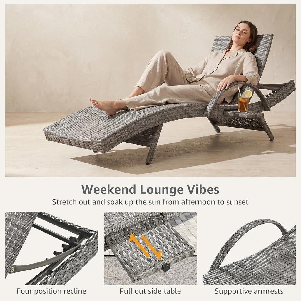 Set of 2 Gray Outdoor Chaise Lounge Chairs, Wicker Patio Lounge Chairs with Adjustable Backrest and Armrests, Durable PE Rattan Pool Chair for Patio, Poolside and Garden