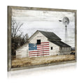 Rustic Landscape Wooden Picture Artwork - Neutral Color Barn with USA Flag Accent Windmill Painting Wall Art Framed