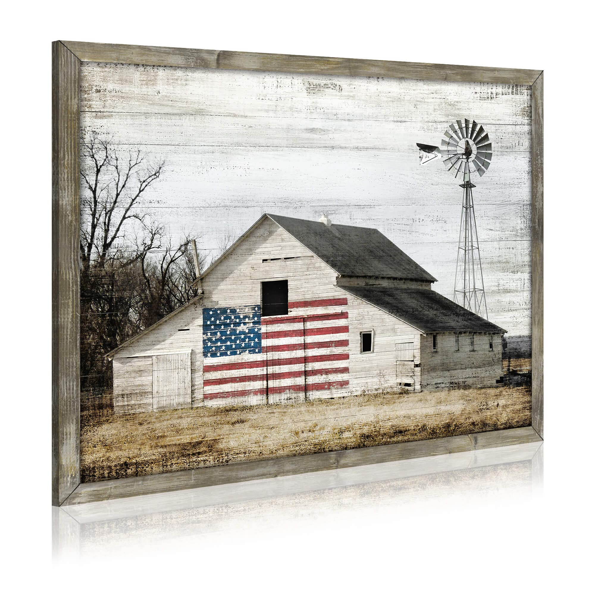 Rustic Landscape Wooden Picture Artwork - Neutral Color Barn with USA Flag Accent Windmill Painting Wall Art Framed