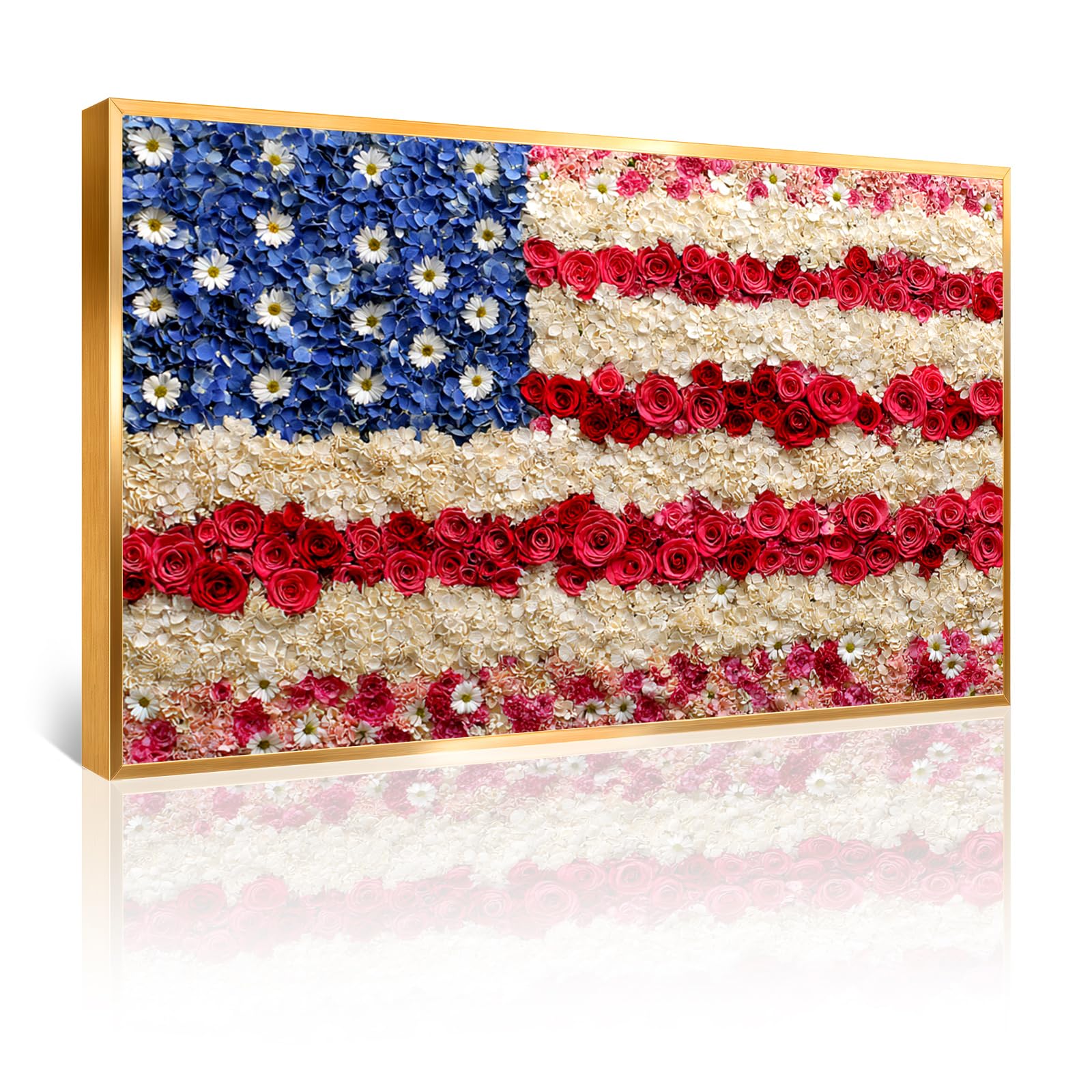 Azatyam American Flag Wall Art Patriotic Floral Picture USA Americana Decor Red White Rose Painting Wildflower Canvas Prints Vintage Country Style Artwork for Living Room Office Bedroom Wall Decor 16" x 24"