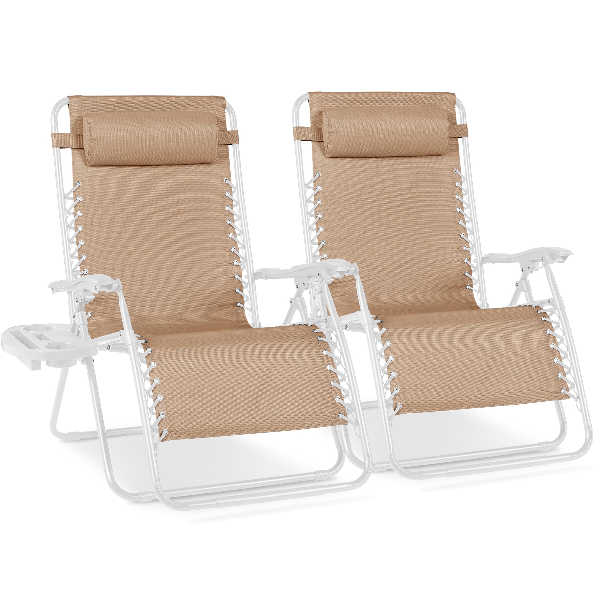 Best Choice Products Set of 2 Adjustable Steel Mesh Zero Gravity Lounge Chair Recliners w/Pillows and Cup Holder Trays - Ice Gray