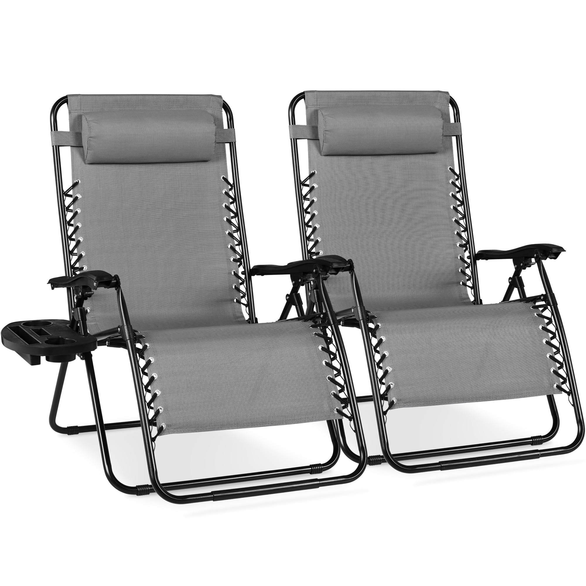 Best Choice Products Set of 2 Adjustable Steel Mesh Zero Gravity Lounge Chair Recliners w/Pillows and Cup Holder Trays - Ice Gray